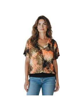 New Direction Women’s Plus Top 2X Brown Orange Tie-Dye Ruffle Short Sleeve